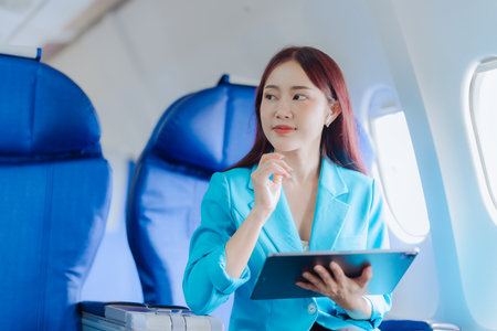 Asian woman using digital tablet while traveling by plane. Female passenger using digital device in cabin near window. She is traveling for business.の写真素材