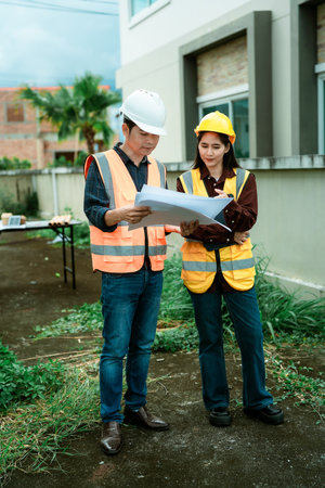 Engineers and architects work with land plans, developing concepts. A partner is delighted with her...