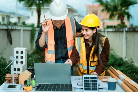 Engineers and architects work with site plans, develop concepts, and hold project meetings to coordinate with partners.の写真素材