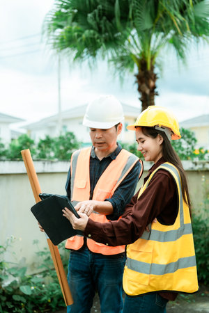 Engineers and architects work with land plans, developing concepts. A beautiful young woman, a partner, is delighted with her new home in a housing development project.の写真素材