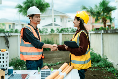 Engineers and architects shake hands and discuss the project at the construction site. Engineers and...