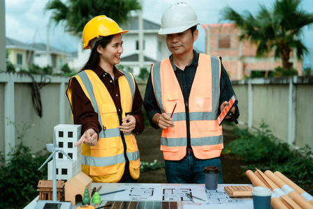 Asian male and female engineers and architects are working on blueprints at a construction site. The...