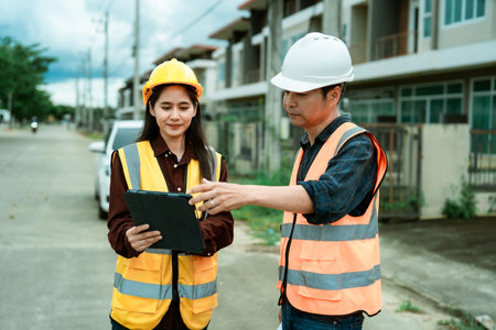 Asian male and female engineers and architects discuss at a construction site; professional...