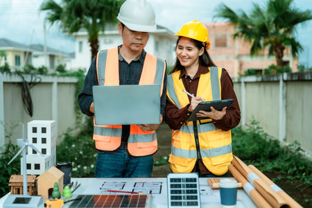 Asian male and female engineers and architects are working on blueprints at a construction site. The...