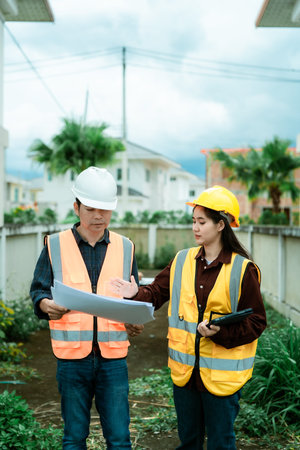 Asian male and female engineers and architects discuss at a construction site; professional...