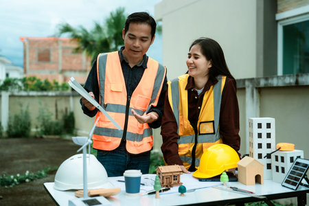 Asian male and female engineers and architects are working on blueprints at a construction site. The...