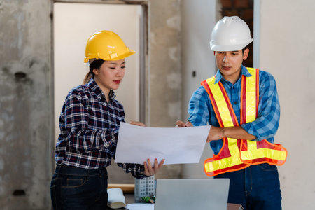 Engineering and architectural concepts: Asian female architects and engineers are discussing blueprints at a construction site.の写真素材