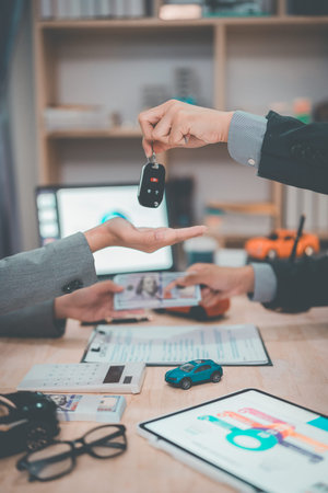 A close-up image of a car dealership handing over car keys to a customer, new lessee, or owner after signing a lease or purchase agreement.