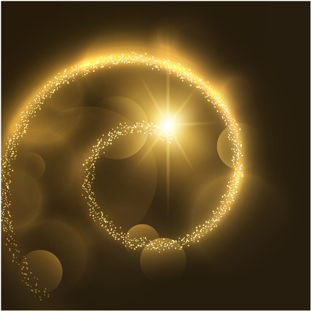 Golden spiral trail of shining star holiday vector background with shiny bokeh. Eps10.のイラスト素材
