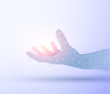 Shiny blue technology vector background with hand holding energy ball. EPS10