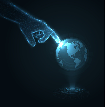 Shiny blue technology vector background with pointing hand.のイラスト素材