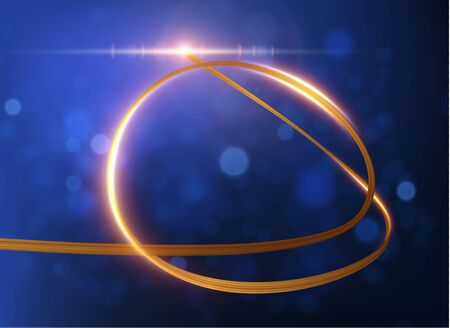 Golden ribbon with light trail effect and energy lines vector background.
