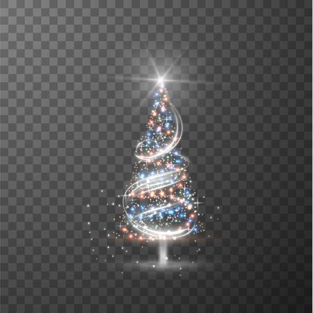 Shiny Christmas tree with glowing hanging garland lights season greetings template on checkered background. Vector eps10.のイラスト素材