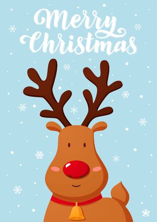 Smiling reindeer Christmas character standing on snow hill background cartoon style illustrationのイラスト素材