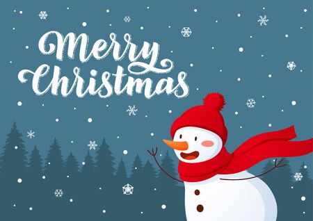 Smiling snowman Christmas character standing on hill background cartoon style illustration with hand drawn lettering.のイラスト素材