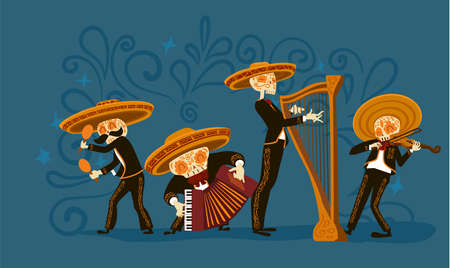 Cute Mariachi skeleton band playing musical instrumentsのイラスト素材