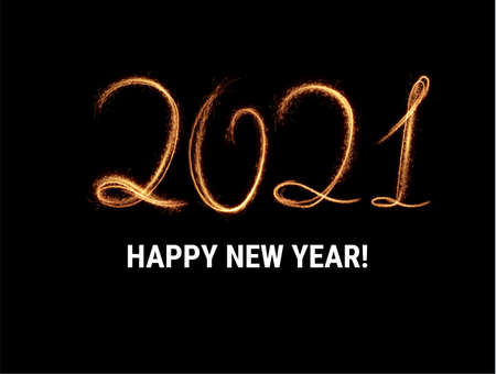 2021 Hand drawn lettering. Light writing trace holiday festive vector background. Sparklers motion star tail.のイラスト素材