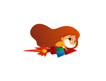 Cute adorable smiling cartoon girl riding rocket with shopping bagsのイラスト素材