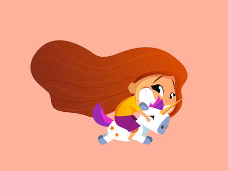Smiling girl riding adorable baby unicorn on pink backgroundのイラスト素材