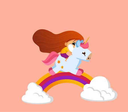 Smiling boy riding adorable baby unicorn on rainbowのイラスト素材