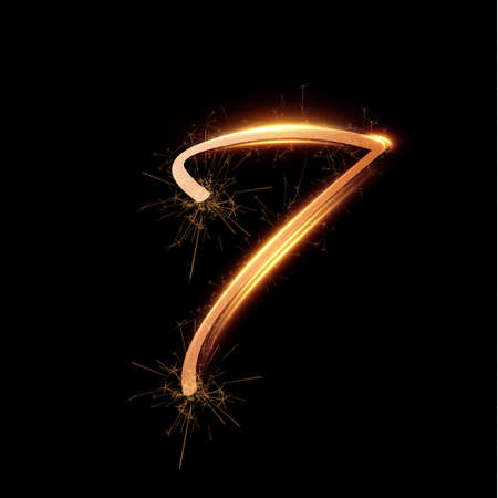 Golden fireworks shiny festive vector number 7 on black background