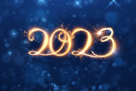 2023 golden lights vector background with blue bokehsのイラスト素材