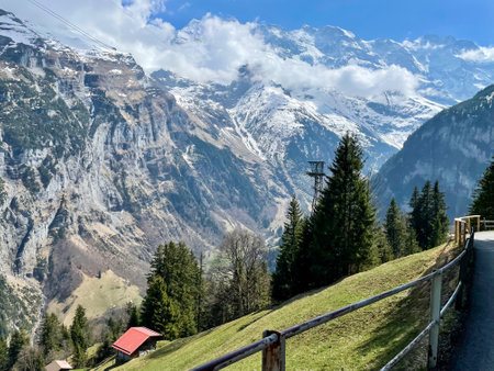Beautiful view in MÃ¼rren. The perfect spot to witness Switzerlandâs alpine scenery.の写真素材