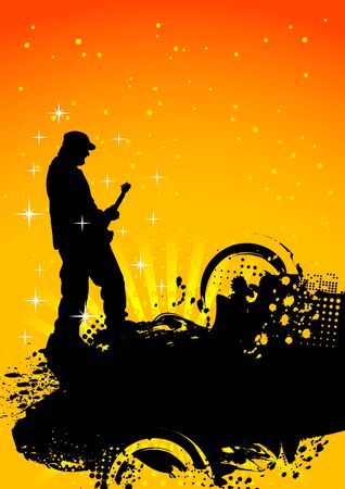 Bright contrast background: blots, beams, circles and guitaristのイラスト素材
