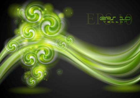 Bright green waves and swirl elements on the dark background. Vector design eps 10のイラスト素材
