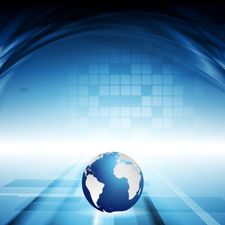 Blue motion technology background with waves and globe. Vector illustrationのイラスト素材