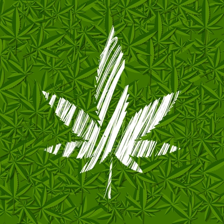 White grunge cannabis leaf on green pattern. Vector backgroundのイラスト素材