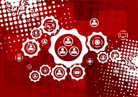 Red grunge hi-tech background with communication icons on gears.のイラスト素材