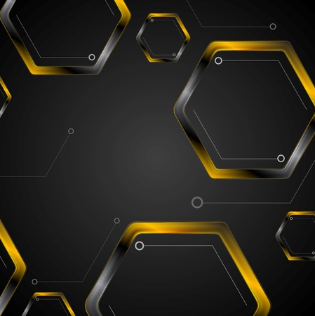 Dark tech background with black orange hexagons. Vector illustrationのイラスト素材