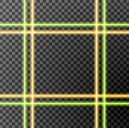 Abstract bright neon light transparent stripes background. Green and orange glow light sparkling effect vector designのイラスト素材