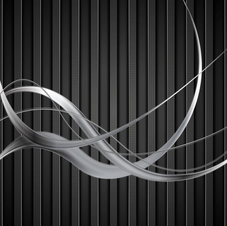 Silver metal waves on black striped background. Vector dark chrome designのイラスト素材