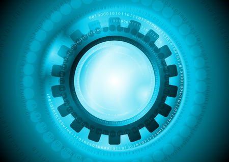 Cyan gear and binary code tech background. Vector blue technology design, cogwheel mechanism layout backgroundのイラスト素材