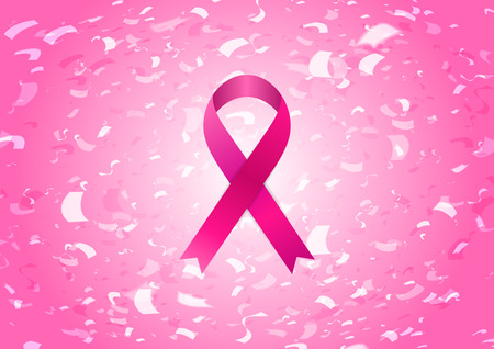Breast cancer awareness month. Silk pink ribbon and confetti. Abstract vector backgroundのイラスト素材