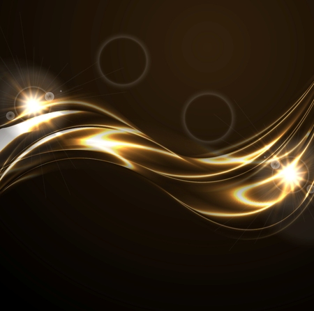 Golden liquid smooth waves on black background with lens flare. Vector bright glowing designのイラスト素材
