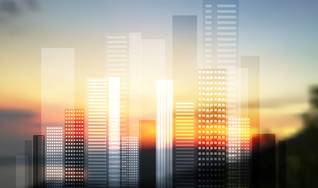 Urban modern city panorama on blurred landscape. Vector skyline cityscape designのイラスト素材