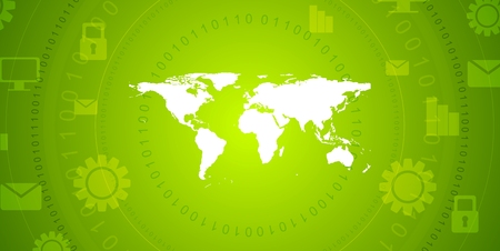 Global communication green tech abstract design. Bright technology vector background with world map, binary code and communication iconsのイラスト素材
