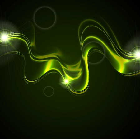 Glowing green neon waves on black background with lens flare. Vector bright iridescent designのイラスト素材
