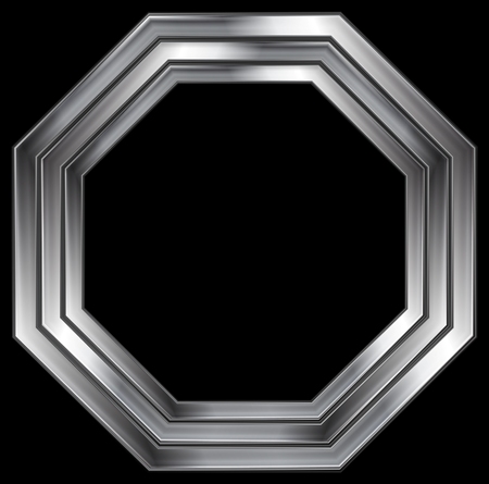 Silver metallic octagon shape on black background. Tech abstract vector design