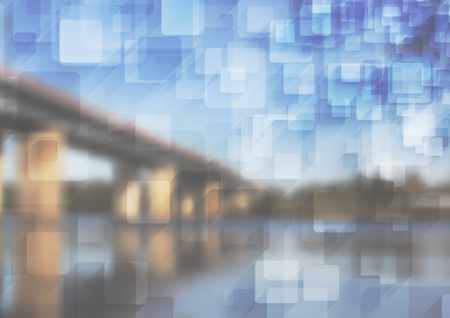 Bright tech abstract collage design with bridge landscape and geometric squares. Vector modern template brochureのイラスト素材