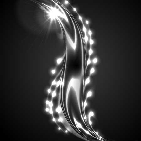 Glowing white silver wave on black background with lens flare. Vector shiny iridescent designのイラスト素材