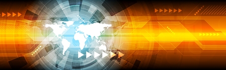 Abstract hi-tech bright web banner design. Vector header template with world map, gears and arrows. Technology illustrationのイラスト素材