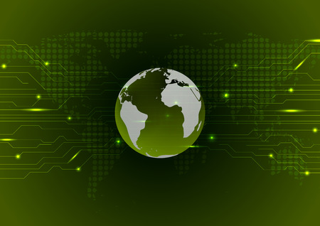 Dark green abstract technology circuit board background. Vector glowing design with dotted world map and earth globeのイラスト素材