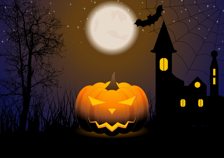 Halloween greeting card with Jack-O-Lantern pumpkin. Sinister moonlight night, castle and bat. Vector cartoon illustrationのイラスト素材