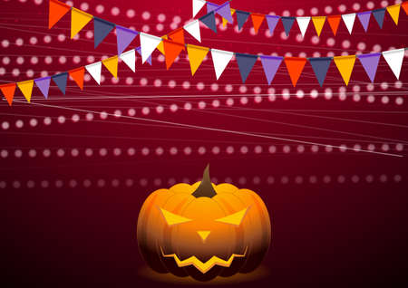 Crimson background with party flags and Jack-O-Lantern pumpkin. Vector Halloween designのイラスト素材