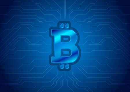 Blue technology background with bitcoin money emblem and circuit board lines. Internet virtual crypto currency symbolのイラスト素材