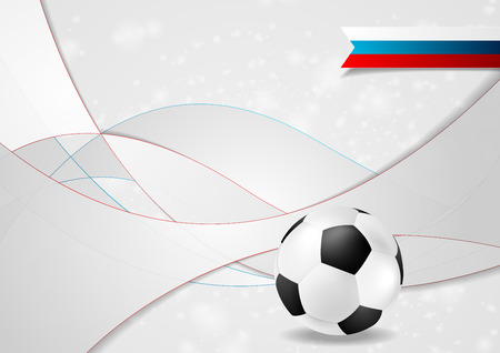 Grey football wavy background with soccer ball and Russian flag label. Vector designのイラスト素材